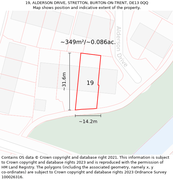 19, ALDERSON DRIVE, STRETTON, BURTON-ON-TRENT, DE13 0QQ: Plot and title map