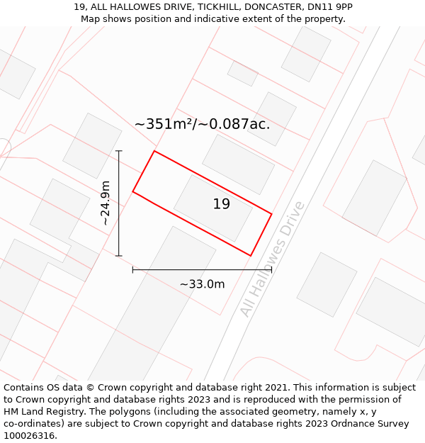 19, ALL HALLOWES DRIVE, TICKHILL, DONCASTER, DN11 9PP: Plot and title map