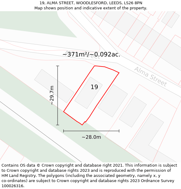 19, ALMA STREET, WOODLESFORD, LEEDS, LS26 8PN: Plot and title map