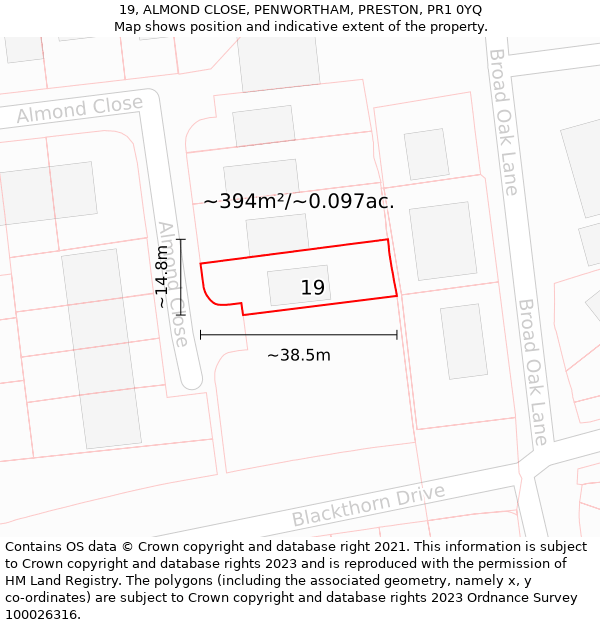 19, ALMOND CLOSE, PENWORTHAM, PRESTON, PR1 0YQ: Plot and title map