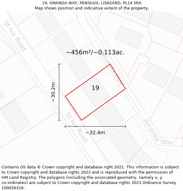 19, AMANDA WAY, PENSILVA, LISKEARD, PL14 5RA: Plot and title map