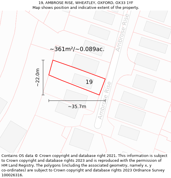 19, AMBROSE RISE, WHEATLEY, OXFORD, OX33 1YF: Plot and title map