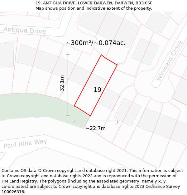 19, ANTIGUA DRIVE, LOWER DARWEN, DARWEN, BB3 0SF: Plot and title map