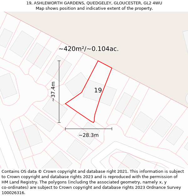 19, ASHLEWORTH GARDENS, QUEDGELEY, GLOUCESTER, GL2 4WU: Plot and title map