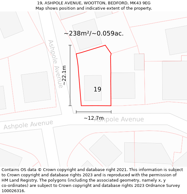 19, ASHPOLE AVENUE, WOOTTON, BEDFORD, MK43 9EG: Plot and title map