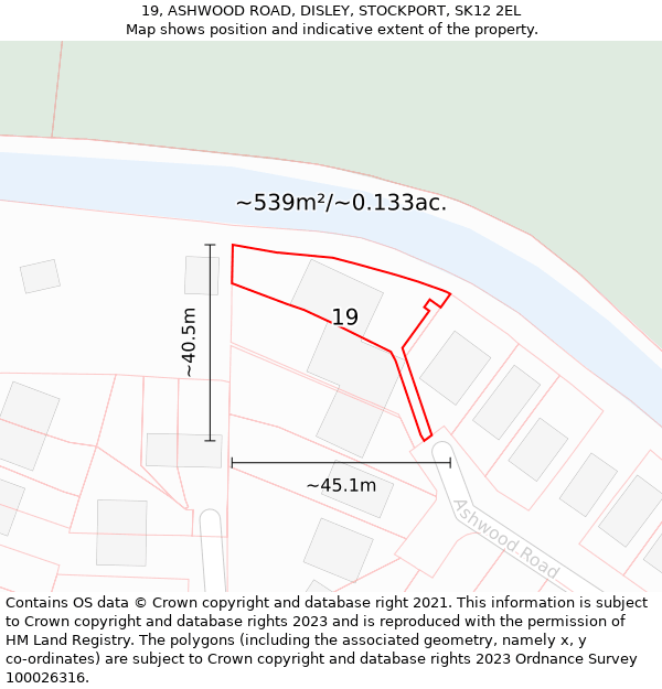 19, ASHWOOD ROAD, DISLEY, STOCKPORT, SK12 2EL: Plot and title map