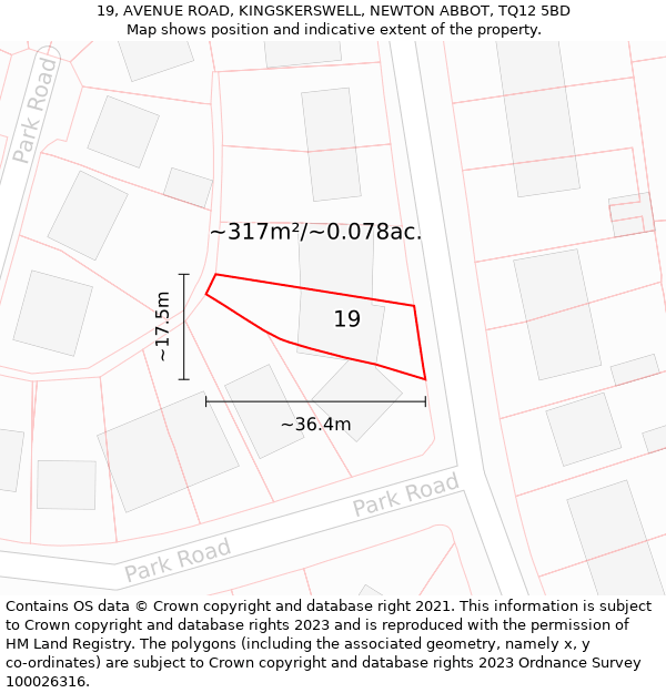 19, AVENUE ROAD, KINGSKERSWELL, NEWTON ABBOT, TQ12 5BD: Plot and title map