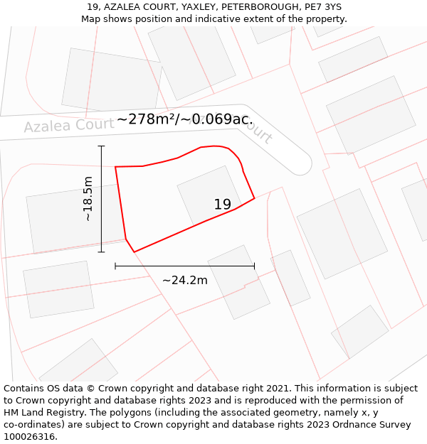 19, AZALEA COURT, YAXLEY, PETERBOROUGH, PE7 3YS: Plot and title map