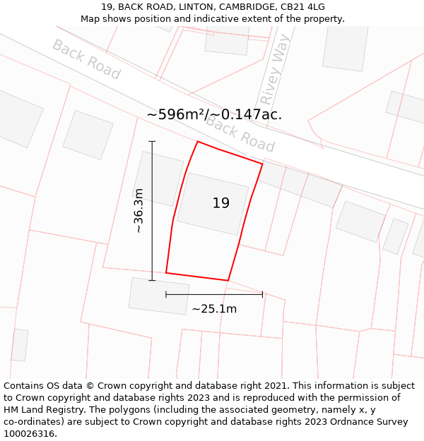 19, BACK ROAD, LINTON, CAMBRIDGE, CB21 4LG: Plot and title map