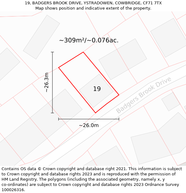 19, BADGERS BROOK DRIVE, YSTRADOWEN, COWBRIDGE, CF71 7TX: Plot and title map