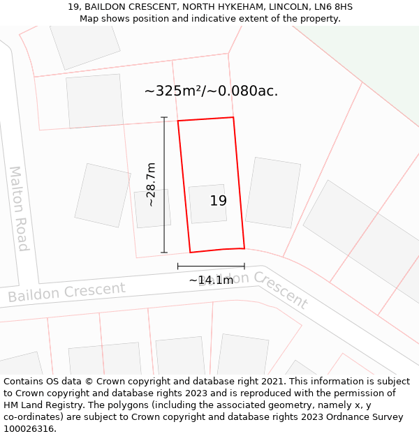 19, BAILDON CRESCENT, NORTH HYKEHAM, LINCOLN, LN6 8HS: Plot and title map