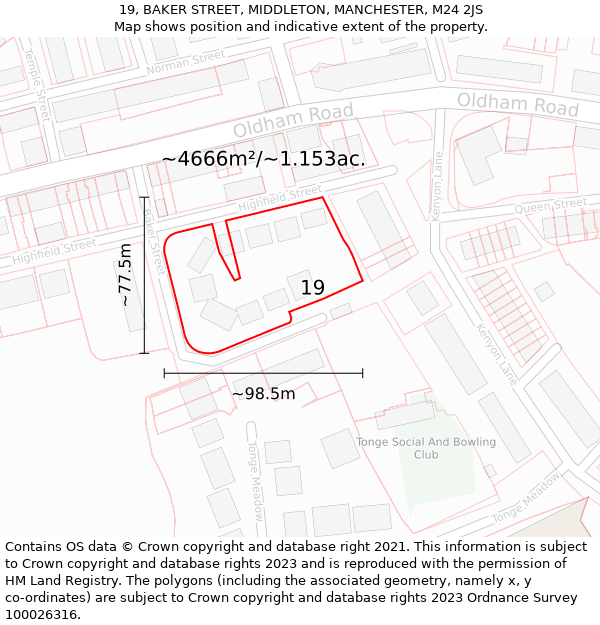 19, BAKER STREET, MIDDLETON, MANCHESTER, M24 2JS: Plot and title map