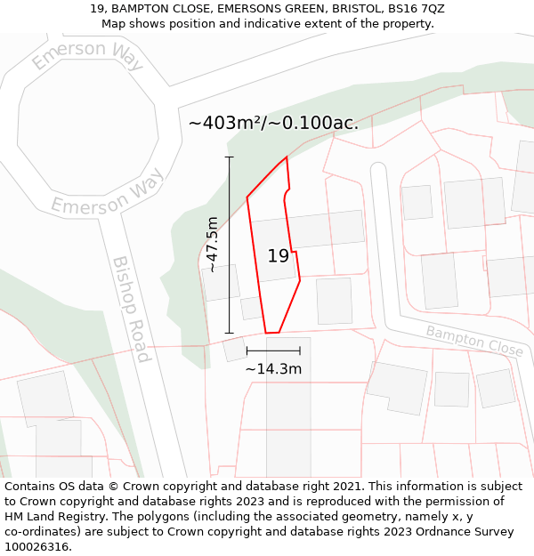 19, BAMPTON CLOSE, EMERSONS GREEN, BRISTOL, BS16 7QZ: Plot and title map