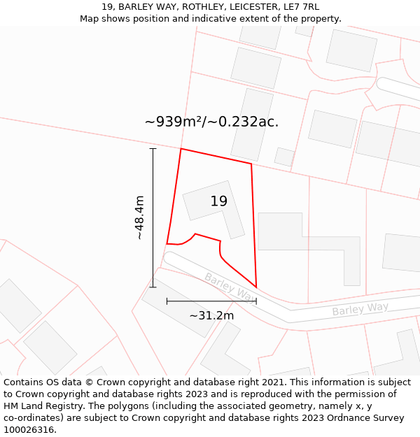 19, BARLEY WAY, ROTHLEY, LEICESTER, LE7 7RL: Plot and title map