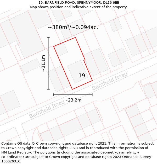 19, BARNFIELD ROAD, SPENNYMOOR, DL16 6EB: Plot and title map