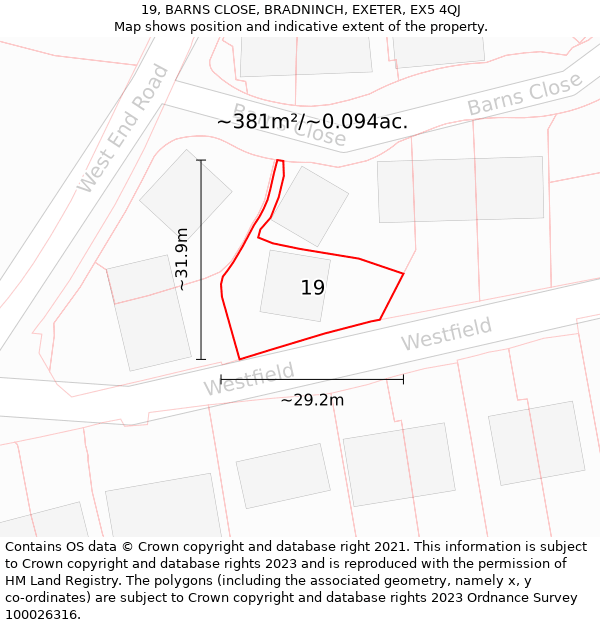 19, BARNS CLOSE, BRADNINCH, EXETER, EX5 4QJ: Plot and title map