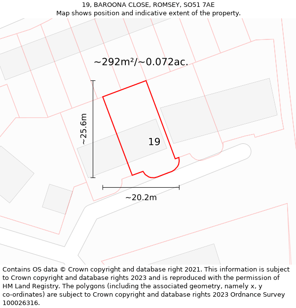 19, BAROONA CLOSE, ROMSEY, SO51 7AE: Plot and title map