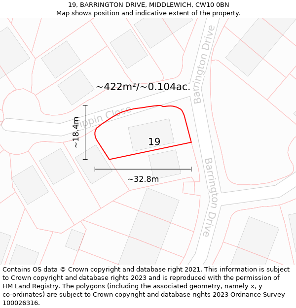 19, BARRINGTON DRIVE, MIDDLEWICH, CW10 0BN: Plot and title map