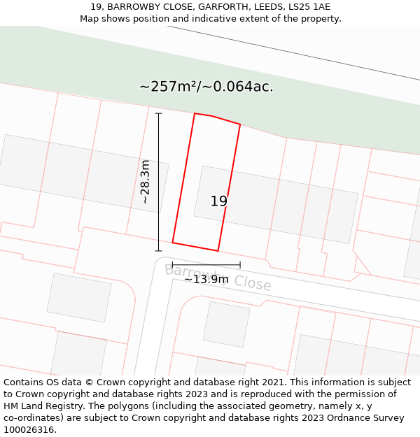 19, BARROWBY CLOSE, GARFORTH, LEEDS, LS25 1AE: Plot and title map