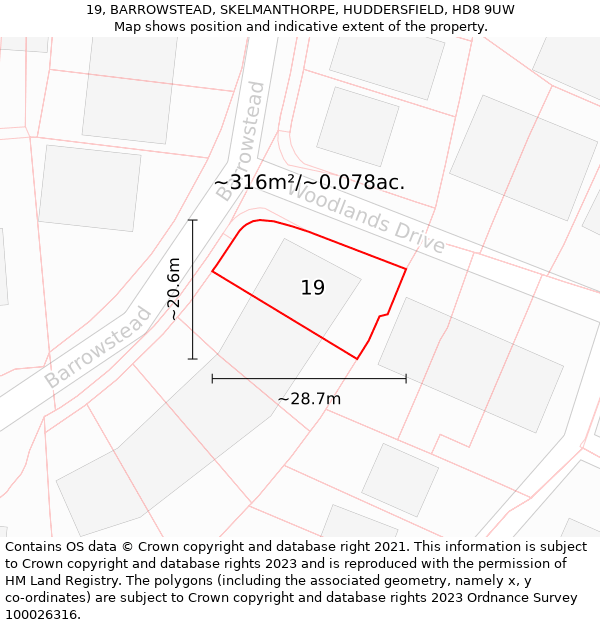 19, BARROWSTEAD, SKELMANTHORPE, HUDDERSFIELD, HD8 9UW: Plot and title map