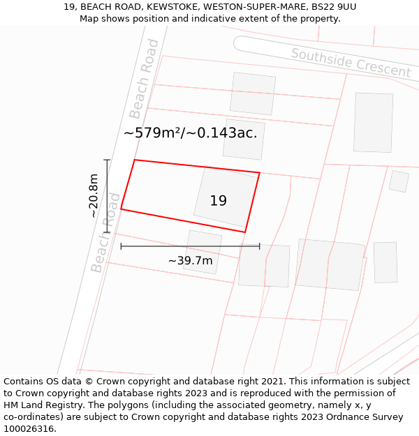 19, BEACH ROAD, KEWSTOKE, WESTON-SUPER-MARE, BS22 9UU: Plot and title map