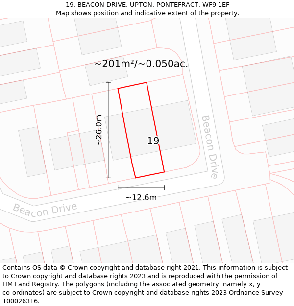 19, BEACON DRIVE, UPTON, PONTEFRACT, WF9 1EF: Plot and title map