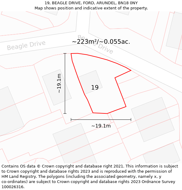 19, BEAGLE DRIVE, FORD, ARUNDEL, BN18 0NY: Plot and title map