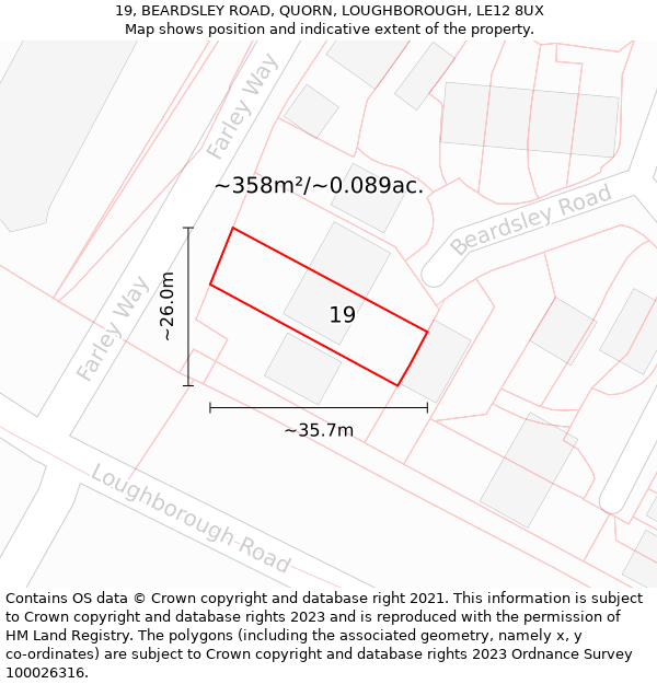 19, BEARDSLEY ROAD, QUORN, LOUGHBOROUGH, LE12 8UX: Plot and title map