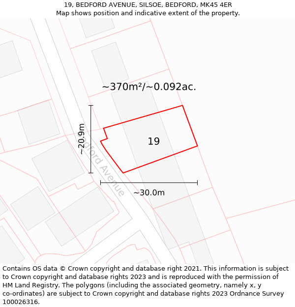 19, BEDFORD AVENUE, SILSOE, BEDFORD, MK45 4ER: Plot and title map