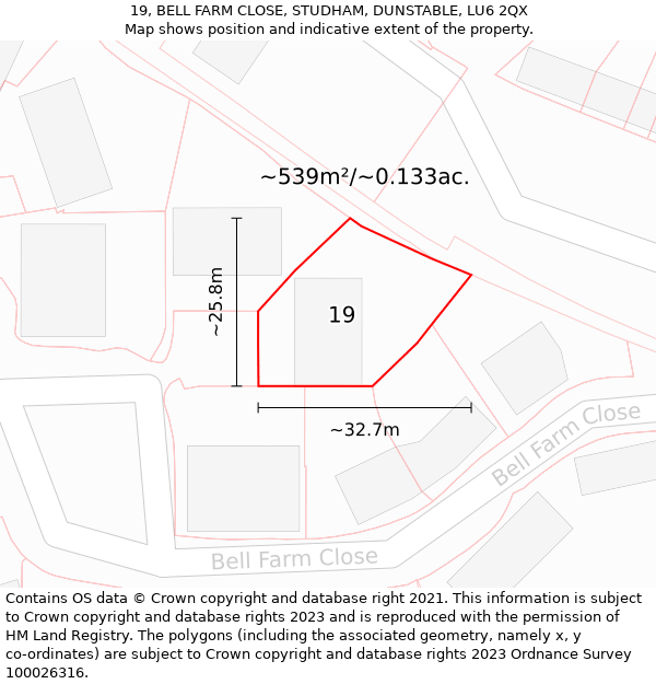 19, BELL FARM CLOSE, STUDHAM, DUNSTABLE, LU6 2QX: Plot and title map