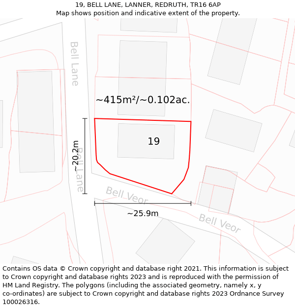 19, BELL LANE, LANNER, REDRUTH, TR16 6AP: Plot and title map