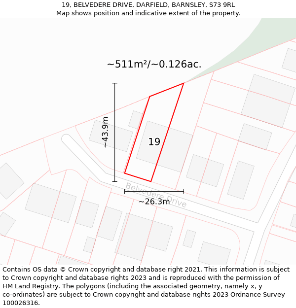 19, BELVEDERE DRIVE, DARFIELD, BARNSLEY, S73 9RL: Plot and title map