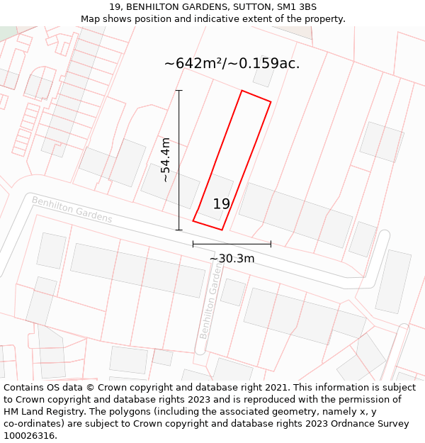 19, BENHILTON GARDENS, SUTTON, SM1 3BS: Plot and title map