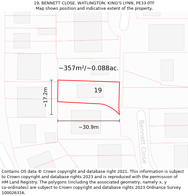 19, BENNETT CLOSE, WATLINGTON, KING'S LYNN, PE33 0TF: Plot and title map