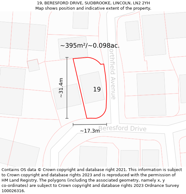 19, BERESFORD DRIVE, SUDBROOKE, LINCOLN, LN2 2YH: Plot and title map