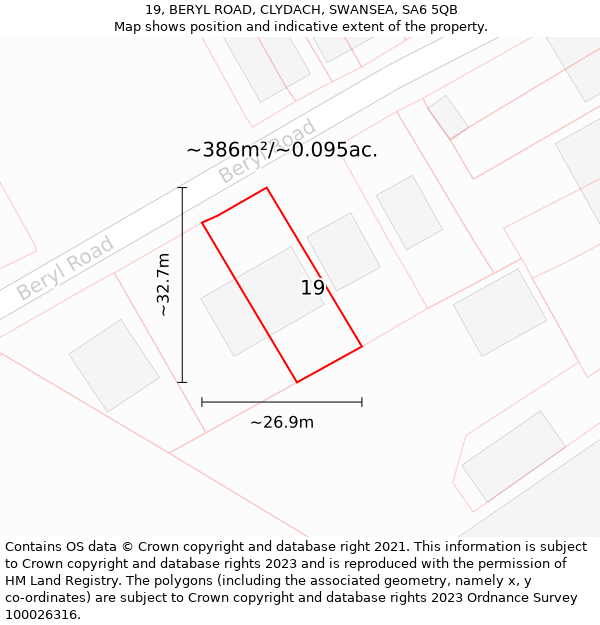 19, BERYL ROAD, CLYDACH, SWANSEA, SA6 5QB: Plot and title map