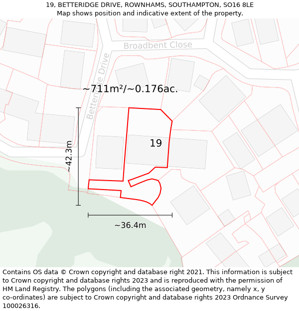 19, BETTERIDGE DRIVE, ROWNHAMS, SOUTHAMPTON, SO16 8LE: Plot and title map