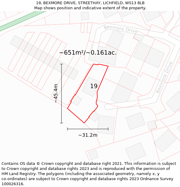 19, BEXMORE DRIVE, STREETHAY, LICHFIELD, WS13 8LB: Plot and title map