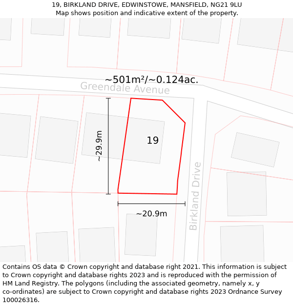 19, BIRKLAND DRIVE, EDWINSTOWE, MANSFIELD, NG21 9LU: Plot and title map