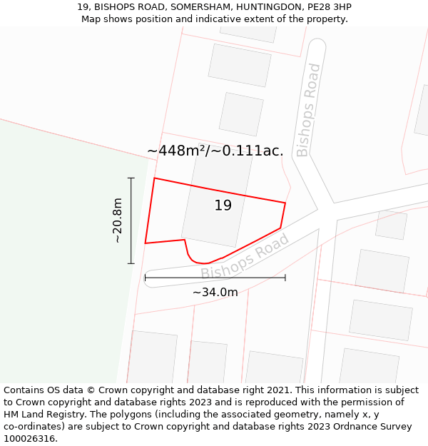 19, BISHOPS ROAD, SOMERSHAM, HUNTINGDON, PE28 3HP: Plot and title map