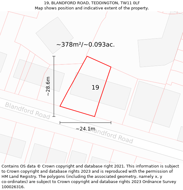 19, BLANDFORD ROAD, TEDDINGTON, TW11 0LF: Plot and title map