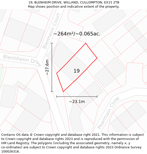 19, BLENHEIM DRIVE, WILLAND, CULLOMPTON, EX15 2TB: Plot and title map