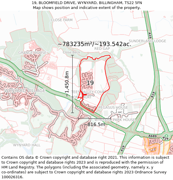 19, BLOOMFIELD DRIVE, WYNYARD, BILLINGHAM, TS22 5FN: Plot and title map