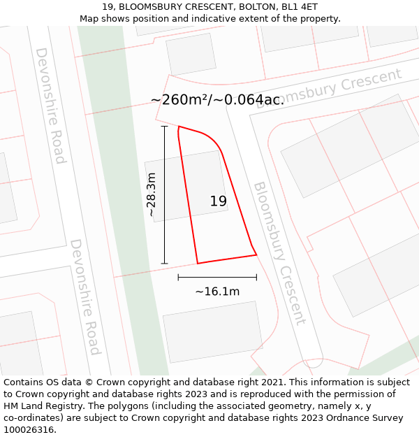 19, BLOOMSBURY CRESCENT, BOLTON, BL1 4ET: Plot and title map
