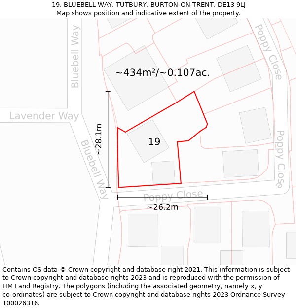 19, BLUEBELL WAY, TUTBURY, BURTON-ON-TRENT, DE13 9LJ: Plot and title map