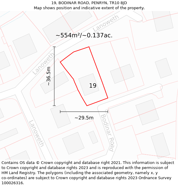 19, BODINAR ROAD, PENRYN, TR10 8JD: Plot and title map