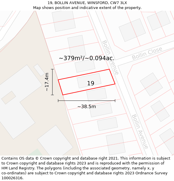 19, BOLLIN AVENUE, WINSFORD, CW7 3LX: Plot and title map