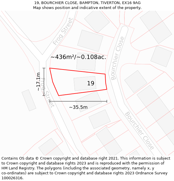 19, BOURCHIER CLOSE, BAMPTON, TIVERTON, EX16 9AG: Plot and title map