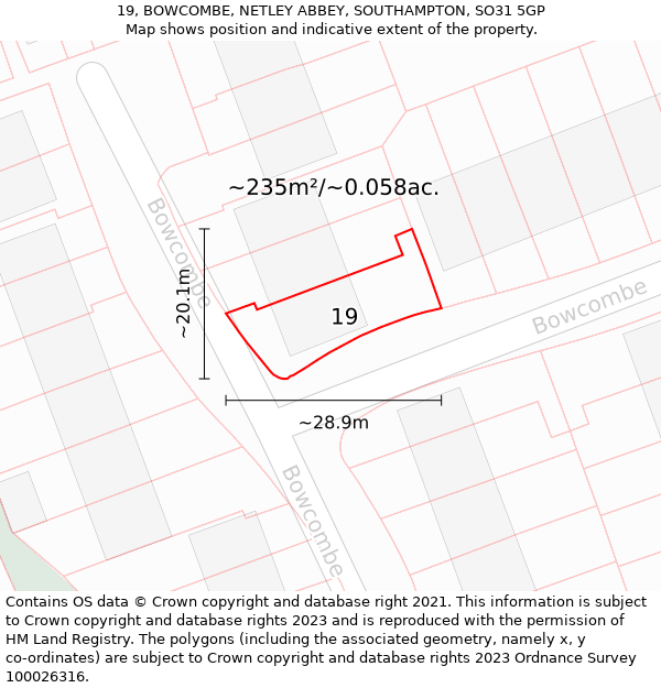 19, BOWCOMBE, NETLEY ABBEY, SOUTHAMPTON, SO31 5GP: Plot and title map