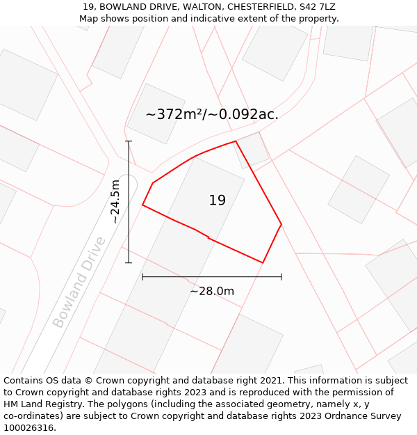 19, BOWLAND DRIVE, WALTON, CHESTERFIELD, S42 7LZ: Plot and title map